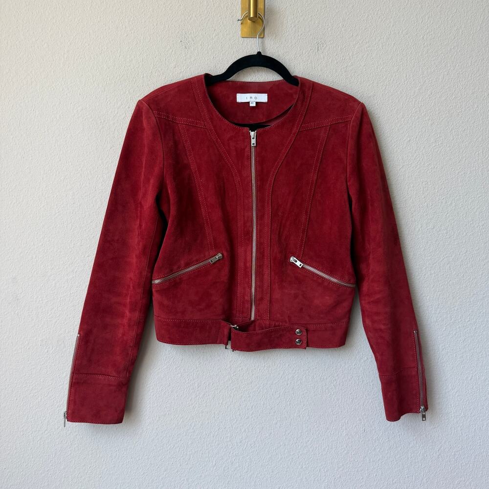 IRO Tatiana Red Lamb Suede Moto Jacket Size 40 - Picture 2 of 7